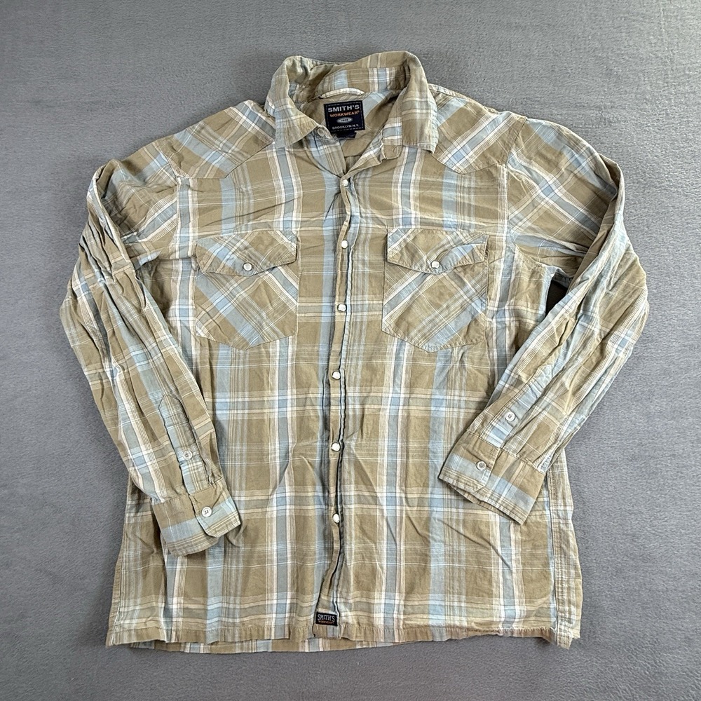 Smith's Shirt Men's Large Workwear Long Sleeve Pearl Snap Yellow Plaid‎